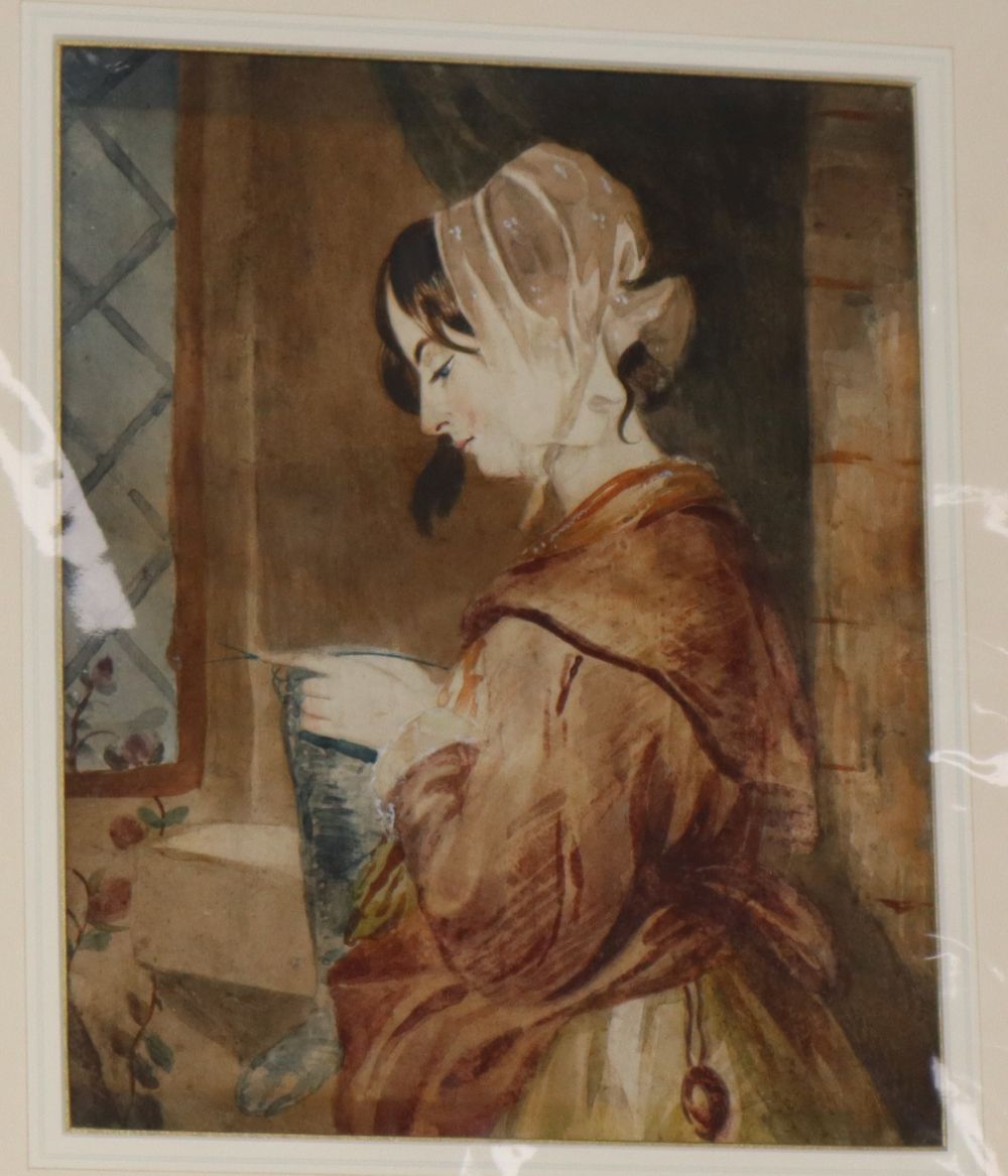 Early 19th century English School, watercolour, Interior with woman knitting, 27 x 21cm, unframed.